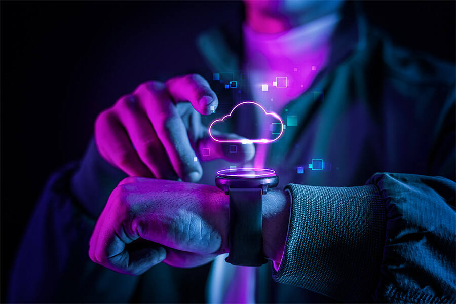 A futuristic hologram of a cloud projected above a smartwatch.