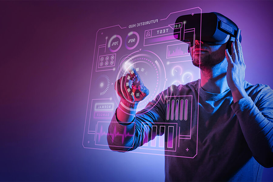 Person using VR headset to interact with futuristic data visualizations.