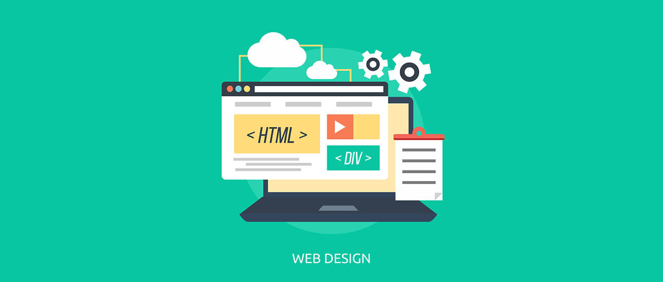 Illustration of web design with HTML and CSS on a computer screen.